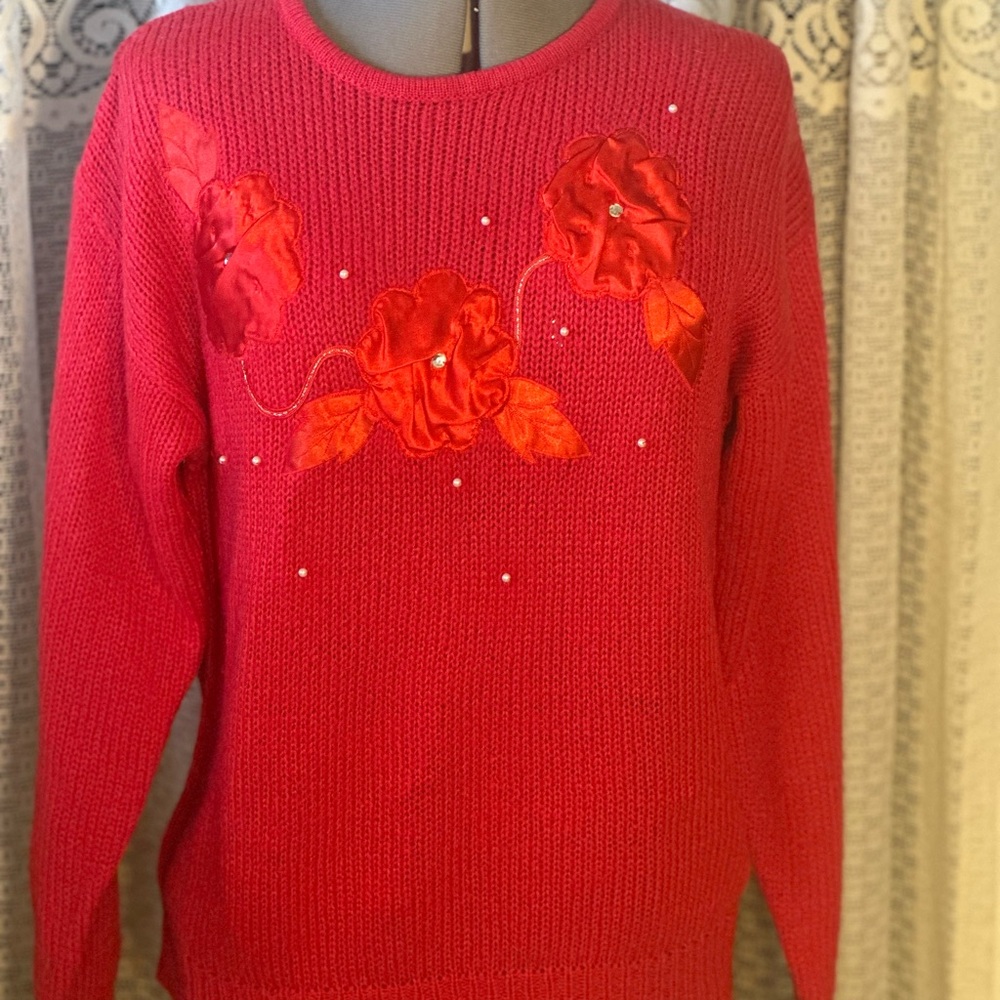 Vintage Red Crew Neck Sweater with Floral Embellishments
